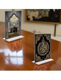 Islamic Allah & Mecca Madina Acrylic T-Style Photo Stand, Compact and Stylish Spiritual Display, easily change 2 photos (Pack of 1)