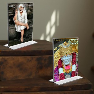 Car Desk/Table Top Sai Baba Acrylic T-Style Photo Stand - 2.5x3.5 Inches, Compact and Stylish Spiritual Display, easily change 2 photos (Pack of 1)