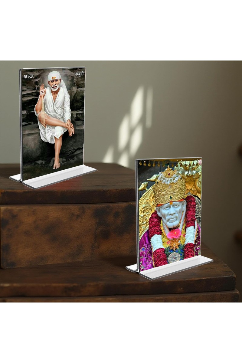 Sai Baba Acrylic T-Style Photo Stand, Compact and Stylish Spiritual Display, easily change 2 photos (Pack of 1)