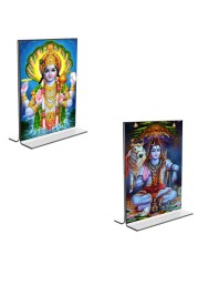 Car Desk/Table Top Lord Narayan & Lord Shiva Acrylic T-Style Photo Stand - 2.5x3.5 Inches, Compact and Stylish Spiritual Display, easily change 2 photos (Pack of 1)
