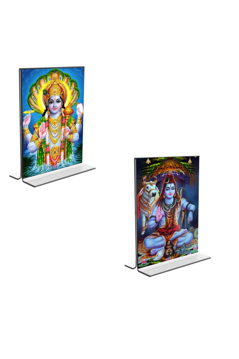 Car Desk/Table Top Lord Narayan & Lord Shiva Acrylic T-Style Photo Stand - 2.5x3.5 Inches, Compact and Stylish Spiritual Display, easily change 2 photos (Pack of 1)