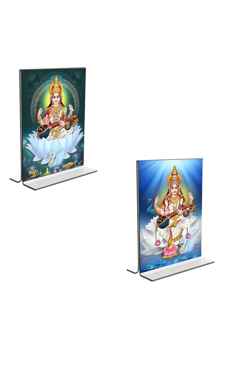 Car Desk/Table Top Maa Saraswati Acrylic T-Style Photo Stand - 2.5x3.5 Inches, Compact and Stylish Spiritual Display, easily change 2 photos (Pack of 1)