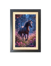 The majestic wild horse walked gracefully through the meadow Photo Frame Funny Animal and Bird Cartoon Art, Black color, 15x19 Inch