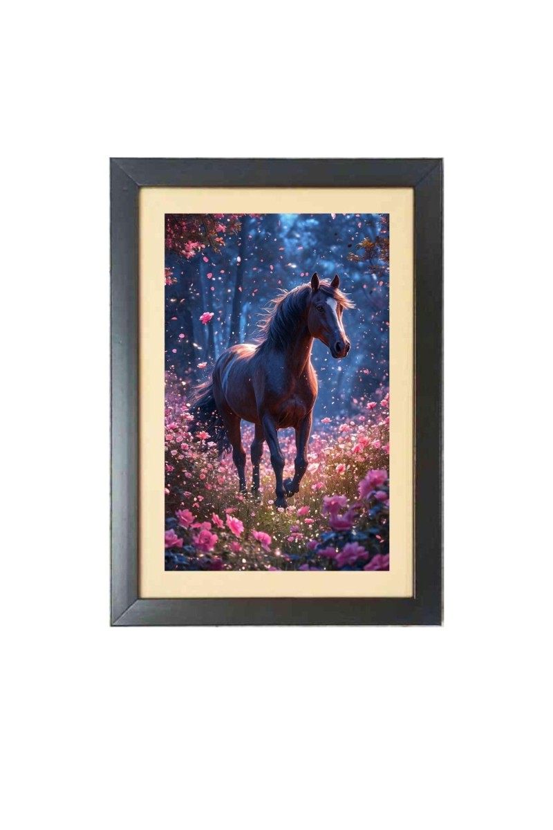The majestic wild horse walked gracefully through the meadow Black Photo Frame Funny Animal and Bird Cartoon Art