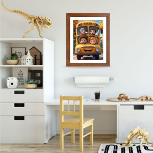 AI Funny Kids With School Bus Art Picture for Kids - 14x18 inches, Brown Color - Perfect Wall Decor for Children's Room