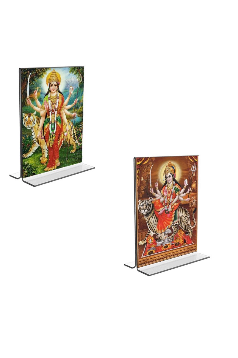 Car Desk/Table Top Maa Durga Acrylic T-Style Photo Stand - 2.5x3.5 Inches, Compact and Stylish Spiritual Display, easily change 2 photos (Pack of 1)