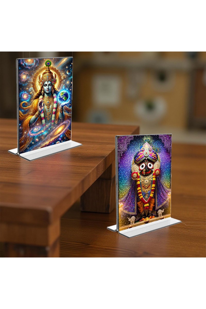 Lord Vishnu & Lord Jagannath Acrylic T-Style Photo Stand - 11x13 Inches, Compact and Stylish Spiritual Display, easily change 2 photos (Pack of 1)