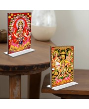 Debi Lakhsmi Sri Ganesh Debi Saraswati Acrylic T-Style Photo Stand - 11x13 Inches, Compact and Stylish Spiritual Display, easily change 2 photos (Pack of 1)