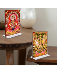 Debi Lakhsmi Sri Ganesh Debi Saraswati Acrylic T-Style Photo Stand - 5x7 Inches, Compact and Stylish Spiritual Display, easily change 2 photos (Pack of 1)