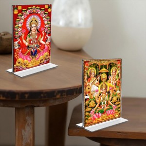 Debi Lakhsmi Sri Ganesh Debi Saraswati Acrylic T-Style Photo Stand, Compact and Stylish Spiritual Display, easily change 2 photos (Pack of 1)