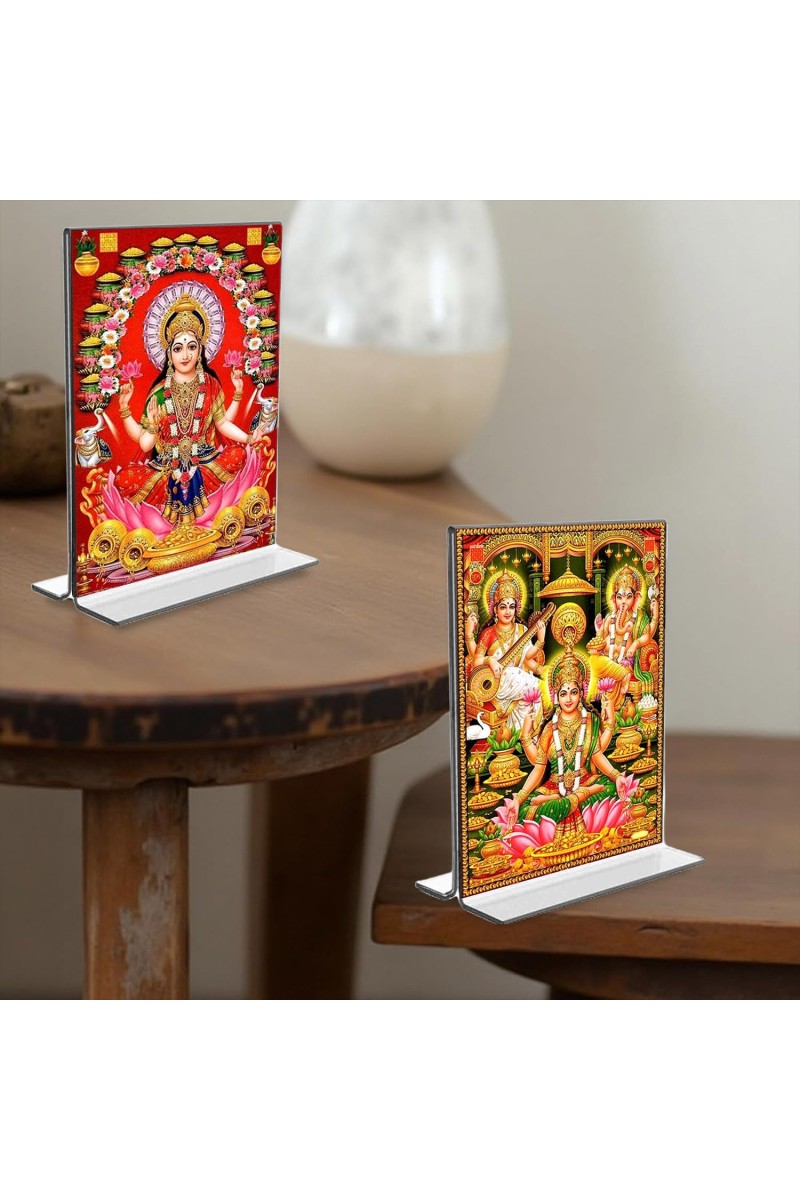 Debi Lakhsmi Sri Ganesh Debi Saraswati Acrylic T-Style Photo Stand, Compact and Stylish Spiritual Display, easily change 2 photos (Pack of 1)