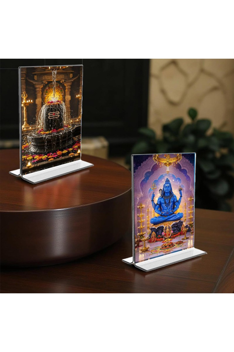 Lord Shiva & Shiva Lingam Acrylic T-Style Photo Stand, Compact and Stylish Spiritual Display, easily change 2 photos (Pack of 1)
