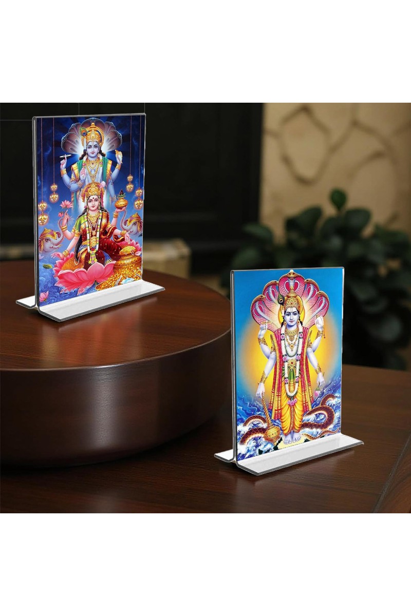 Lord Vishnu & Debi Lakhsmi Acrylic T-Style Photo Stand, Compact and Stylish Spiritual Display, easily change 2 photos (Pack of 1)