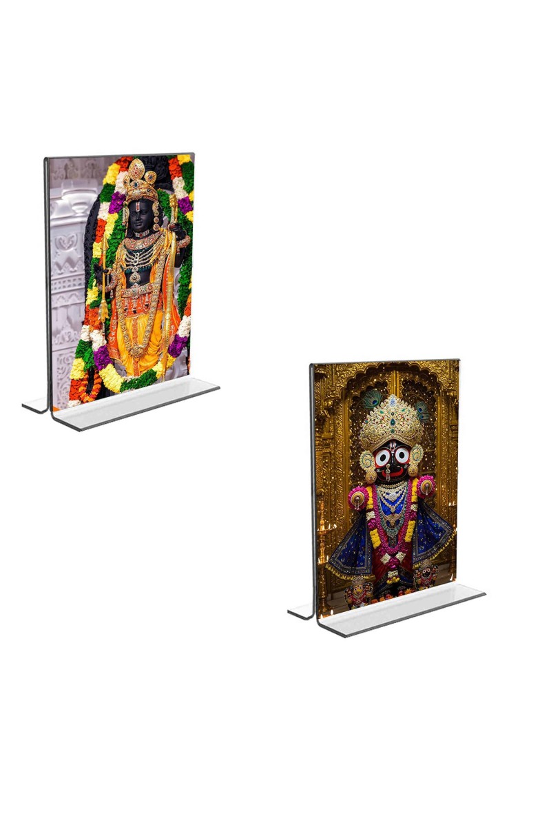 Car Desk/Table Top Lord Ram Lalla & Lord Jagannath Acrylic T-Style Photo Stand - 2.5x3.5 Inches, Compact and Stylish Spiritual Display, easily change 2 photos (Pack of 1)
