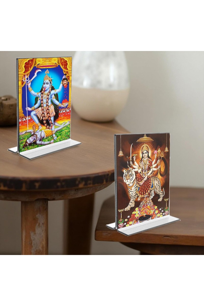 Debi Kali & Debi Durga Acrylic T-Style Photo Stand - 7x9 Inches, Compact and Stylish Spiritual Display, easily change 2 photos (Pack of 1)