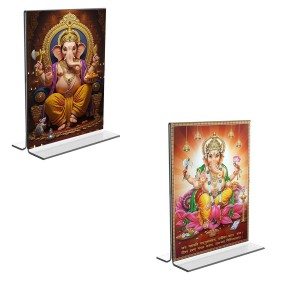 Car Desk/Table Top Lord Ganesh Acrylic T-Style Photo Stand - 2.5x3.5 Inches, Compact and Stylish Spiritual Display, easily change 2 photos (Pack of 1)