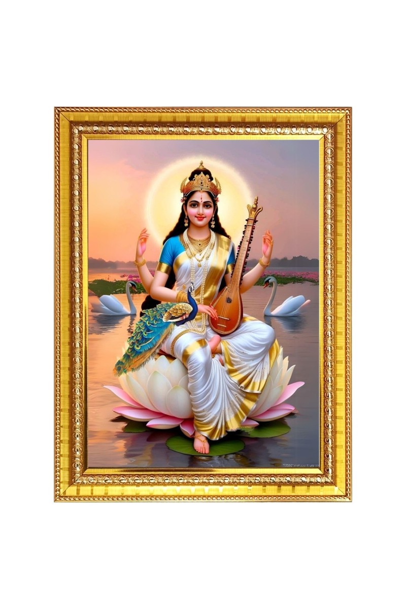 Saraswati devi Photo Frame - 12x16 Inches, Brown Wooden Frame for Home, Office & Temple Decoration