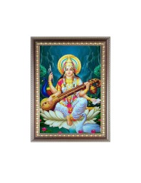 Maa Saraswati Photo Frame - 16x20 Inches, Brown Wooden Frame for Home, Office & Temple Decoration