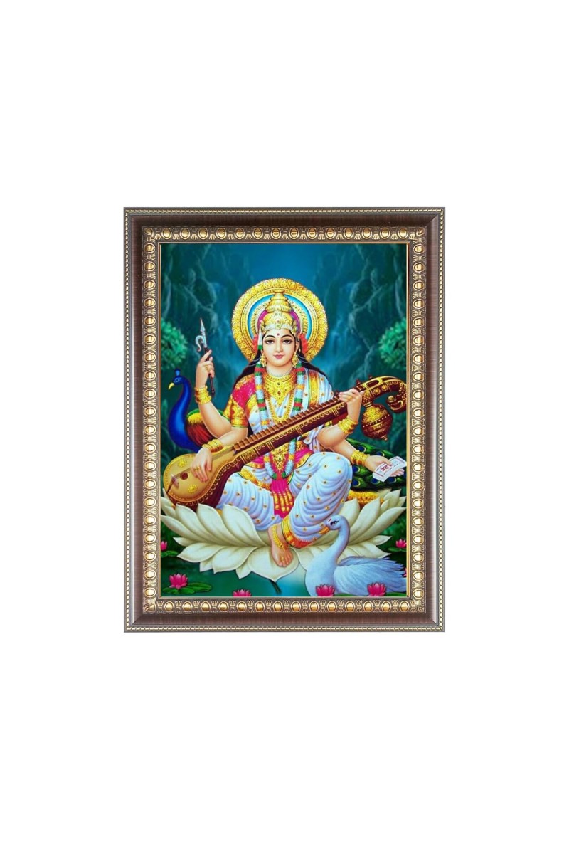Maa Saraswati Photo Frame - 16x20 Inches, Brown Wooden Frame for Home, Office & Temple Decoration
