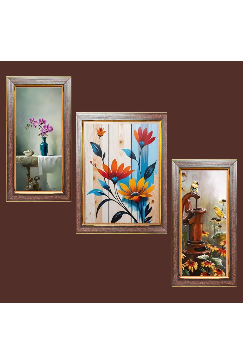 3-Pack Beautiful flower paintings Photo Frames - 2 Pieces 6x13 Inch & 1 Piece 10x13 Inch - Rustic Wall Art for Home & Office Decor - Botanical Wall Hanging for Living Room, Bedroom, or Workspace