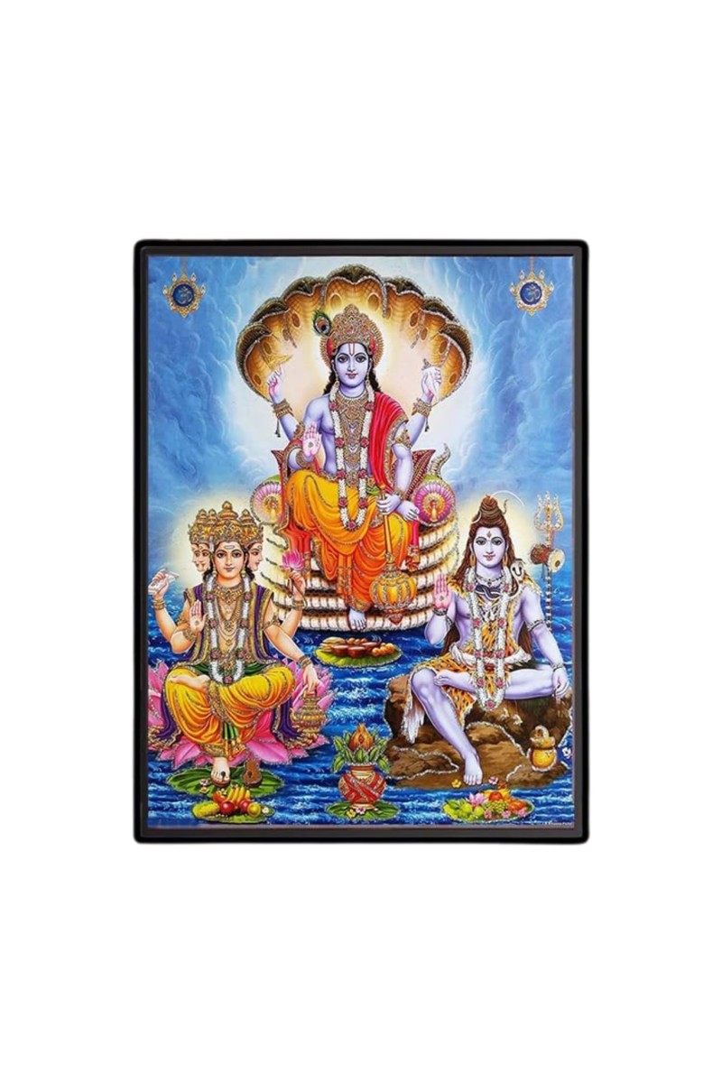 Lord Brahma Lord Vishnu & Lord Shiva Laminated Photo - 11x13 Inches, Divine Blessings for Home & Office and Temple Decoration