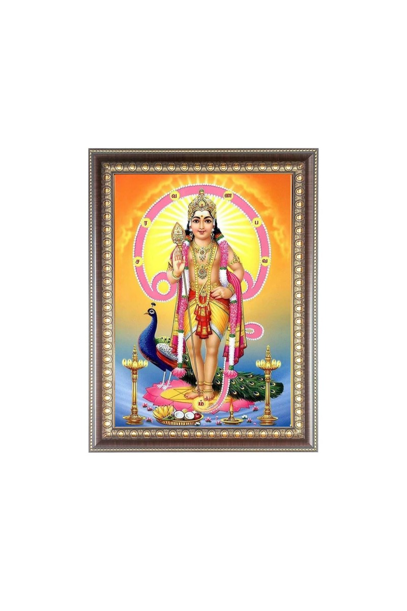 Lord Kartikeya Photo Frame - 10x14 Inches, Brown Wooden Frame for Home, Office & Temple Decoration