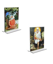 Car Desk/Table Top Lokenath Baba & Sai Baba Acrylic T-Style Photo Stand - 2.5x3.5 Inches, Compact and Stylish Spiritual Display, easily change 2 photos (Pack of 1)