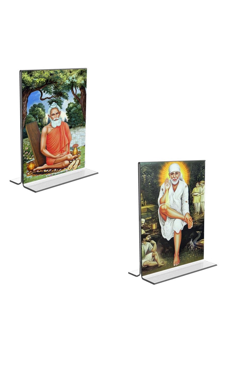 Car Desk/Table Top Lokenath Baba & Sai Baba Acrylic T-Style Photo Stand - 2.5x3.5 Inches, Compact and Stylish Spiritual Display, easily change 2 photos (Pack of 1)