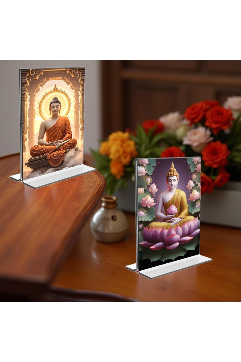 Buddha Acrylic T-Style Photo Stand - 5x7 Inches, Compact and Stylish Spiritual Display, easily change 2 photos (Pack of 1)