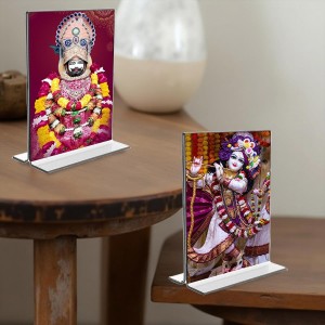 Lord Khatu shyam & Sri Krishna Acrylic T-Style Photo Stand - 11x13 Inches, Compact and Stylish Spiritual Display, easily change 2 photos (Pack of 1)