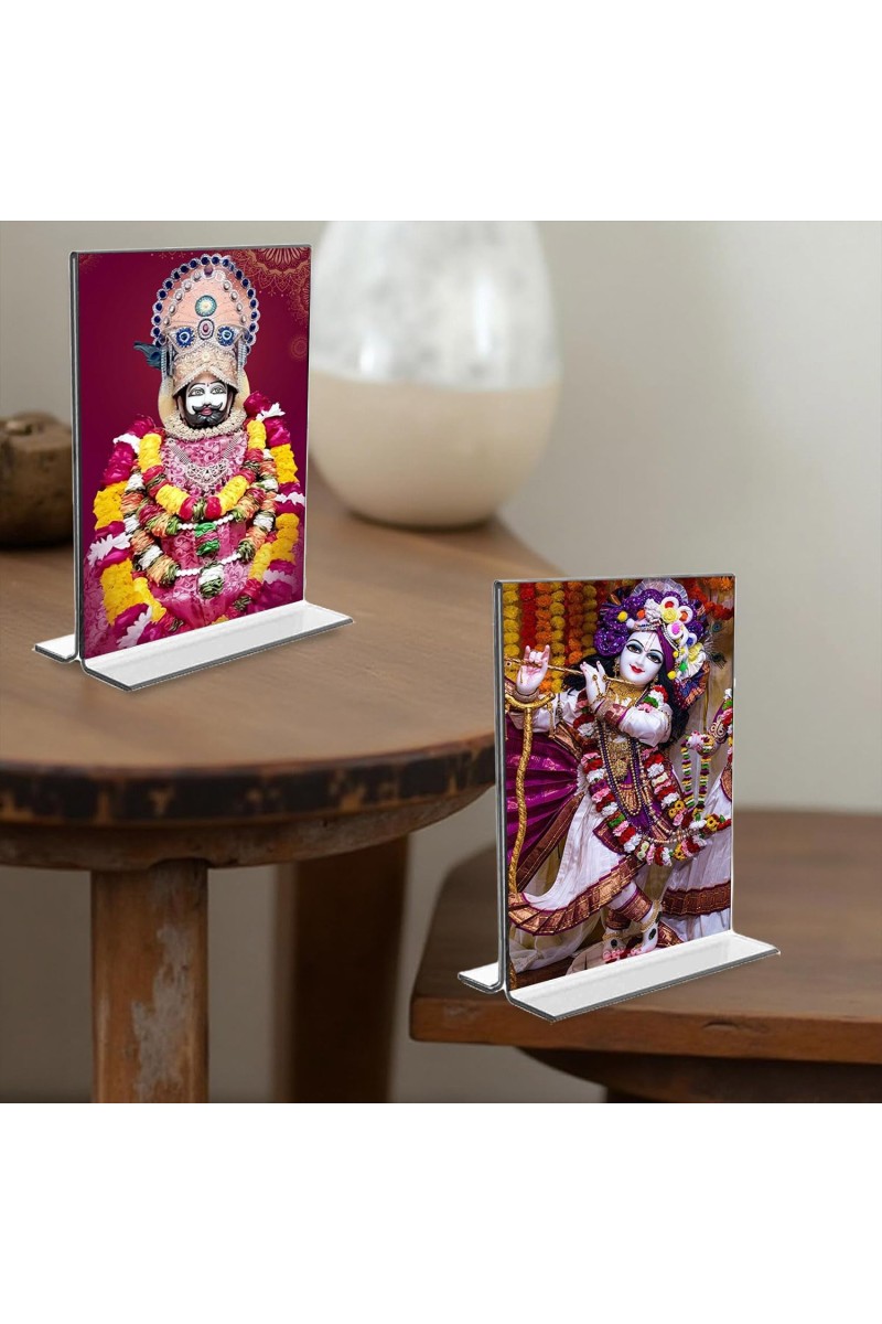 Lord Khatu shyam & Sri Krishna Acrylic T-Style Photo Stand - 11x13 Inches, Compact and Stylish Spiritual Display, easily change 2 photos (Pack of 1)