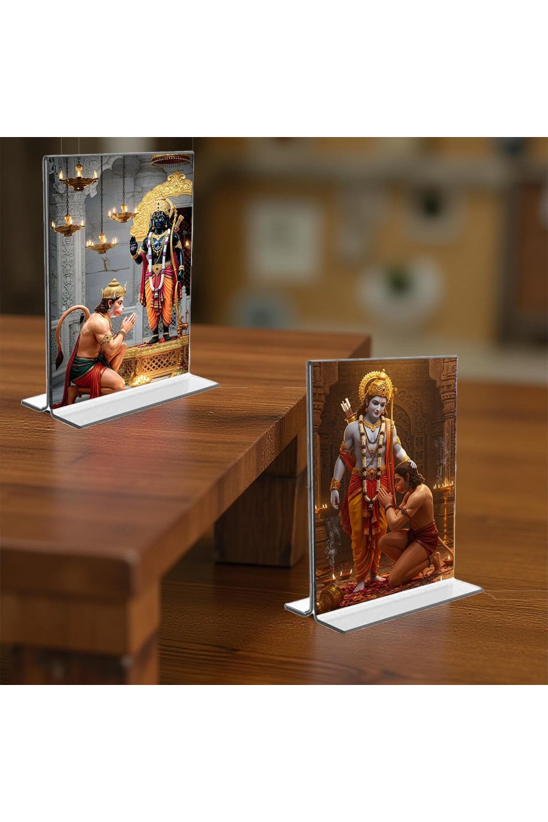 Sri Hanuman & Sri Ram Acrylic T-Style Photo Stand, Compact and Stylish Spiritual Display, easily change 2 photos (Pack of 1)