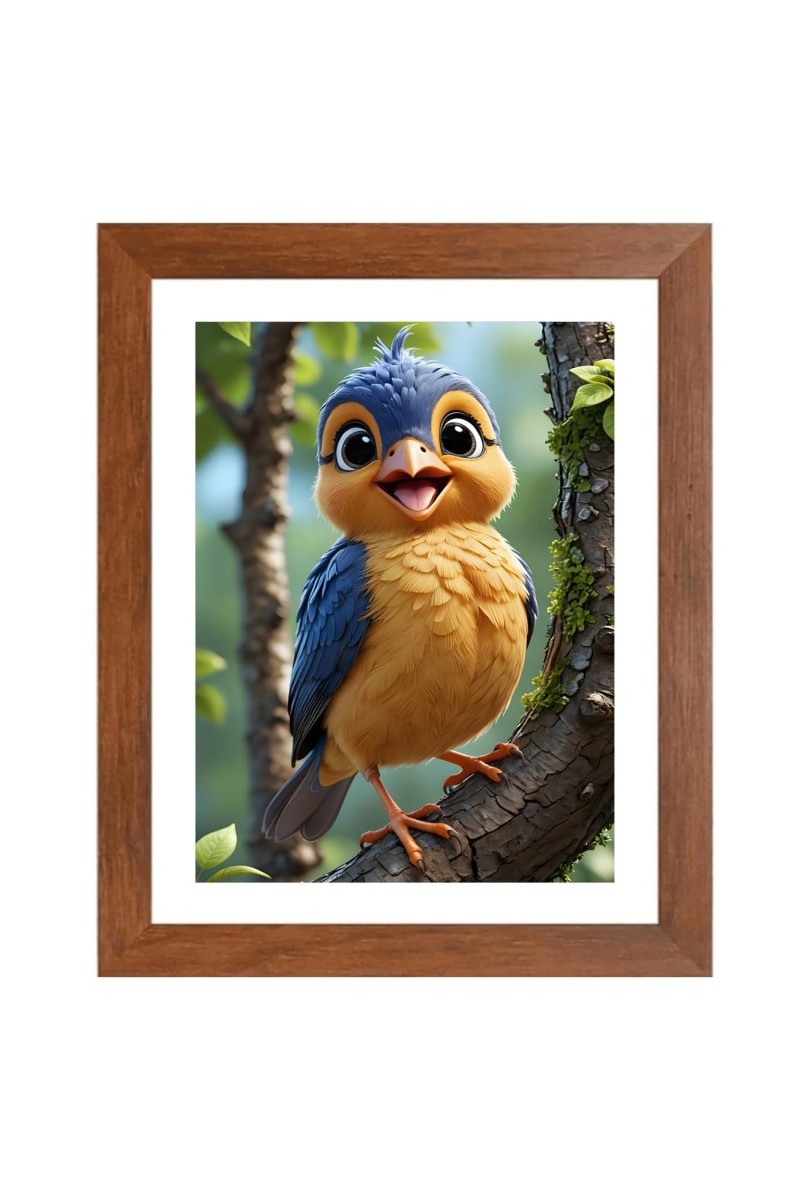 AI Funny Cute Bird On Tree Art Picture for Kids - 16x20 inches, Brown Color - Perfect Wall Decor for Children's Room
