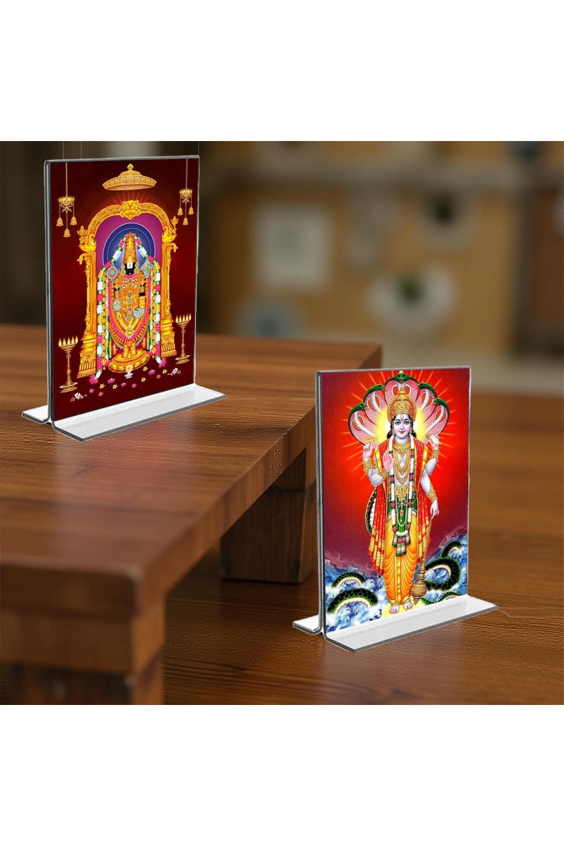 Lord Tirupati Balaji & Lord Vishnu Acrylic T-Style Photo Stand, Compact and Stylish Spiritual Display, easily change 2 photos (Pack of 1)