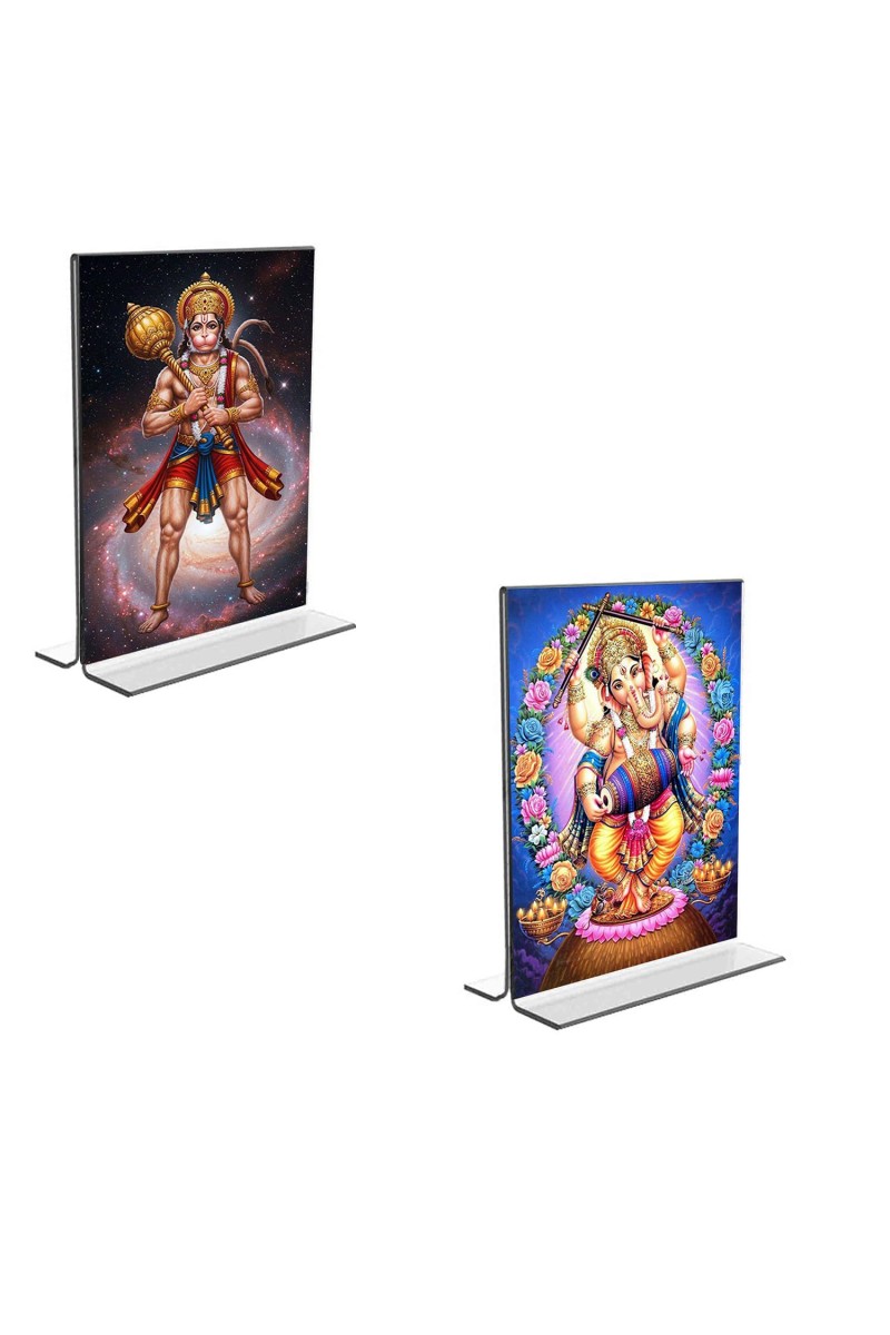 Car Desk/Table Top Sri Hanuman & Lord Ganesh Acrylic T-Style Photo Stand - 2.5x3.5 Inches, Compact and Stylish Spiritual Display, easily change 2 photos (Pack of 1)