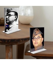 Netaji Subhas Chandra Bose Acrylic T-Style Photo Stand - 9x11 Inches, Compact and Stylish Spiritual Display, easily change 2 photos (Pack of 1)