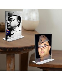 Netaji Subhas Chandra Bose Acrylic T-Style Photo Stand - 5x7 Inches, Compact and Stylish Spiritual Display, easily change 2 photos (Pack of 1)