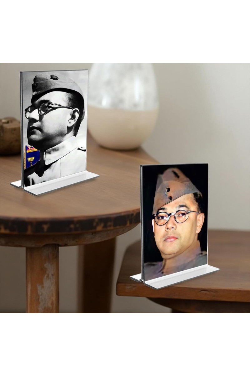 Netaji Subhas Chandra Bose Acrylic T-Style Photo Stand - 9x11 Inches, Compact and Stylish Spiritual Display, easily change 2 photos (Pack of 1)