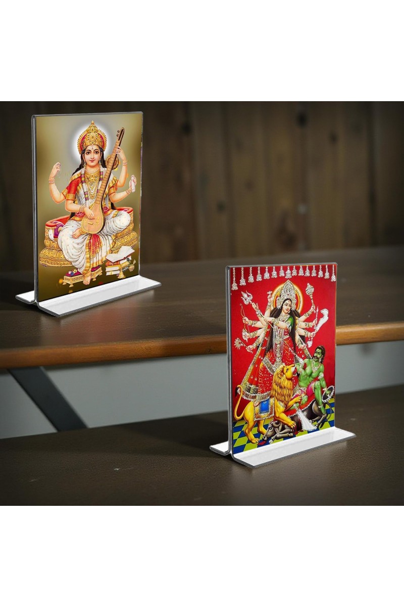 Debi Saraswati & Debi Lakhsmi Acrylic T-Style Photo Stand, Compact and Stylish Spiritual Display, easily change 2 photos (Pack of 1)