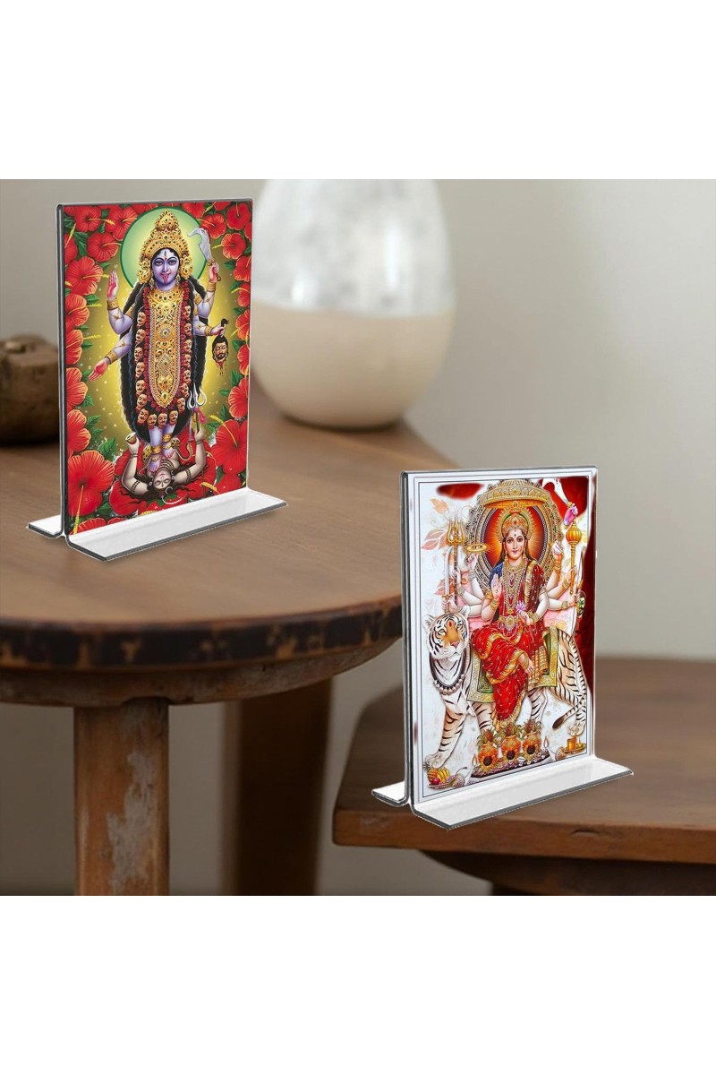 Debi Kali & Debi Durga Acrylic T-Style Photo Stand - 5x7 Inches, Compact and Stylish Spiritual Display, easily change 2 photos (Pack of 1)