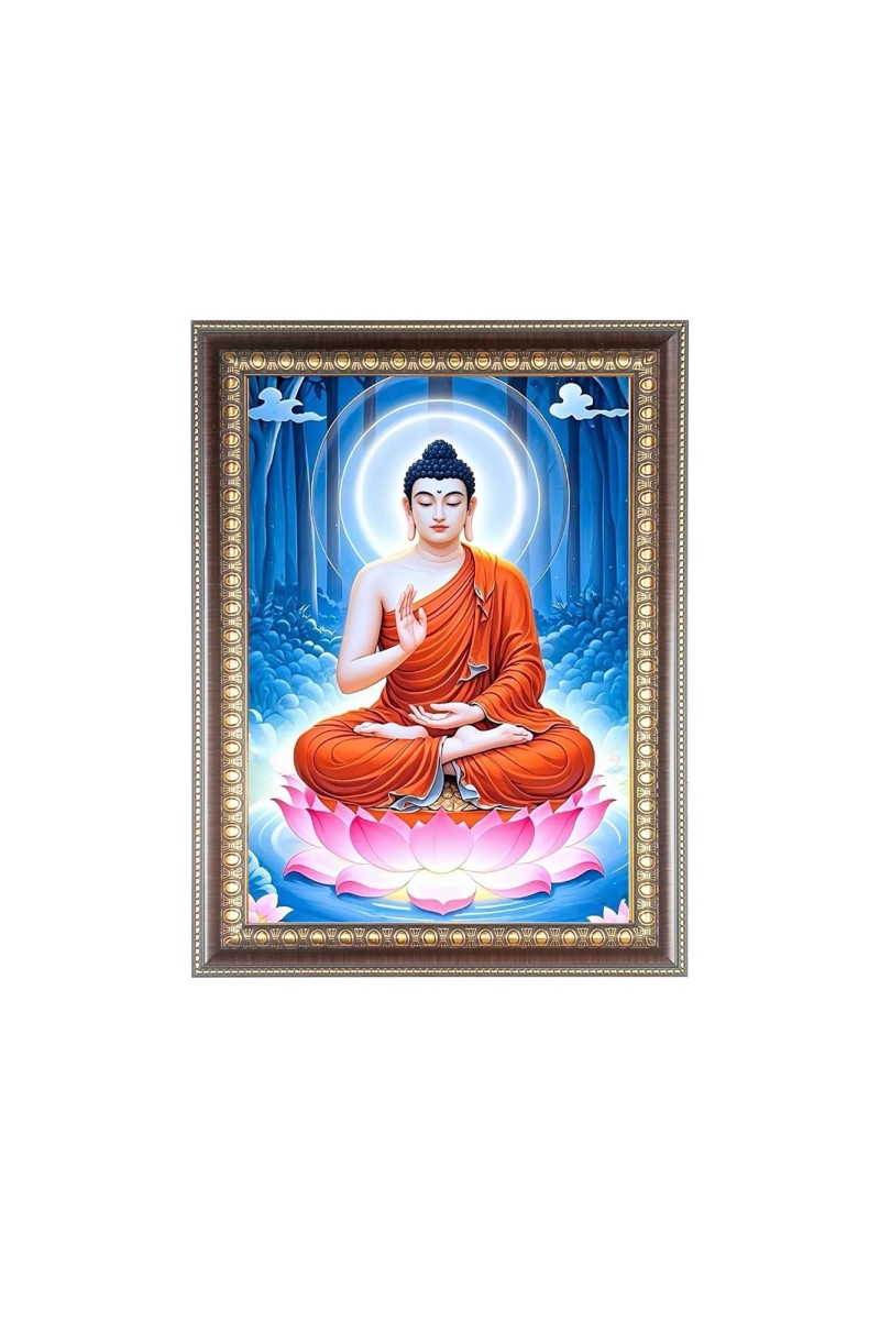 Lord Buddha Photo Frame - 10x14 Inches, Brown Wooden Frame for Home, Office & Temple Decoration