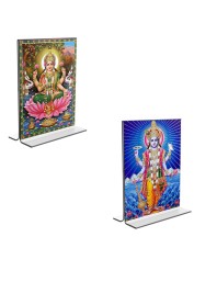 Car Desk/Table Top Lord Vishnu & Maa Lakhsmi Acrylic T-Style Photo Stand - 2.5x3.5 Inches, Compact and Stylish Spiritual Display, easily change 2 photos (Pack of 1)