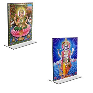 Car Desk/Table Top Lord Vishnu & Maa Lakhsmi Acrylic T-Style Photo Stand - 2.5x3.5 Inches, Compact and Stylish Spiritual Display, easily change 2 photos (Pack of 1)