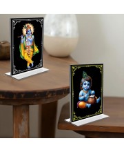 Sri Krishna Acrylic T-Style Photo Stand - 7x9 Inches, Compact and Stylish Spiritual Display, easily change 2 photos (Pack of 1)