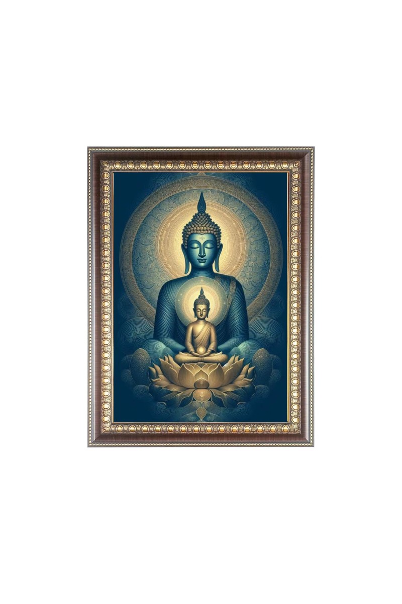 Lord Buddha Photo Frame - 10x14 Inches, Brown Wooden Frame for Home, Office & Temple Decoration