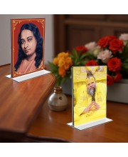 Sri Sri Paramahansa Yogananda & Sri premanand ji maharaj Acrylic T-Style Photo Stand - 11x13 Inches, Compact and Stylish Spiritual Display, easily change 2 photos (Pack of 1)