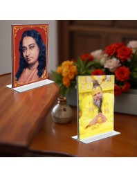Sri Sri Paramahansa Yogananda & Sri premanand ji maharaj Acrylic T-Style Photo Stand, Compact and Stylish Spiritual Display, easily change 2 photos (Pack of 1)
