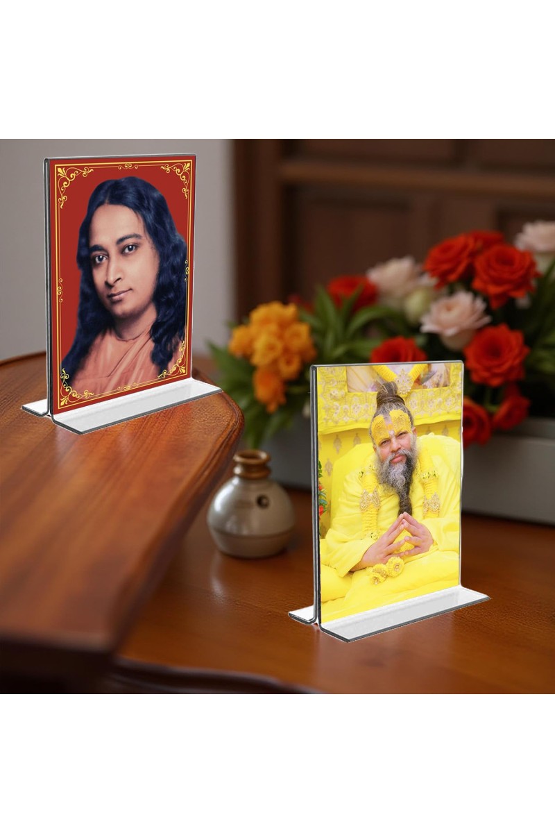 Sri Sri Paramahansa Yogananda & Sri premanand ji maharaj Acrylic T-Style Photo Stand, Compact and Stylish Spiritual Display, easily change 2 photos (Pack of 1)