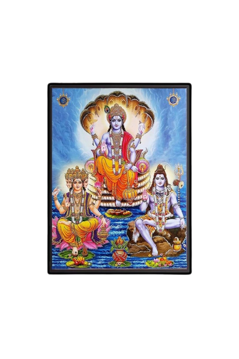 Lord Brahma Lord Vishnu & Lord Shiva Laminated Photo - 7x9 Inches, Divine Blessings for Home & Office and Temple Decoration