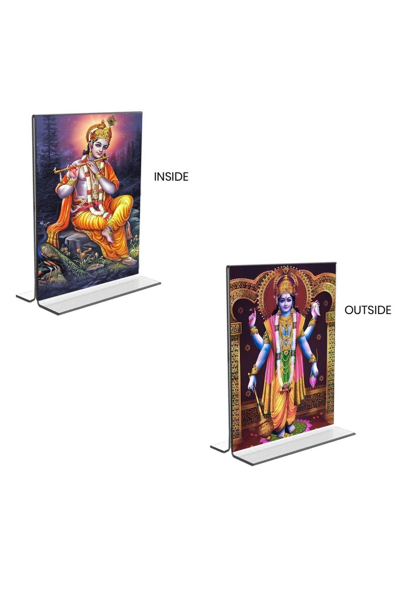 Car Desk/Table Top Sri Krishna & Lord Narayan Acrylic T-Style Photo Stand - 2.5x3.5 Inches, Compact and Stylish Spiritual Display, easily change 2 photos (Pack of 1)